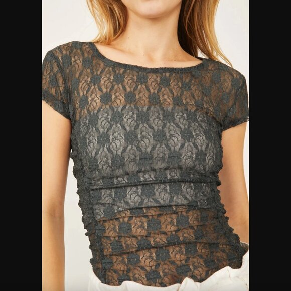 Intimately By Free People Tops - NWT Intimately Free People, Keep It Simple Lace Baby Tee, Charcoal, Size Small